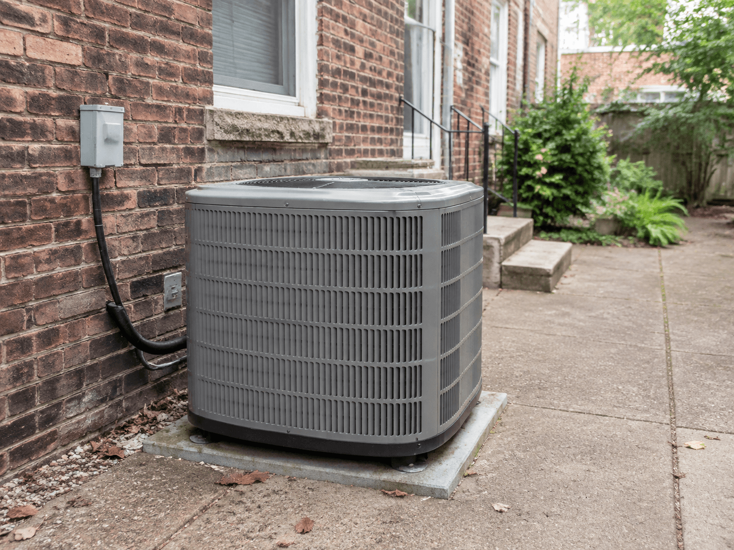 A gray outdoor air-conditioning unit on a pad beside a brick rowhouse