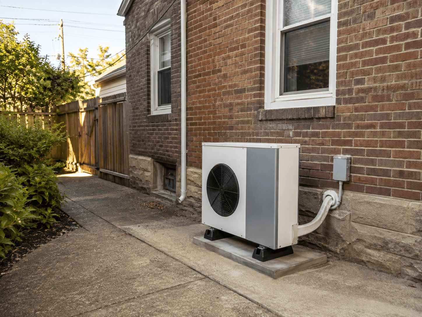 A side-discharge heat pump installed outside a brick home