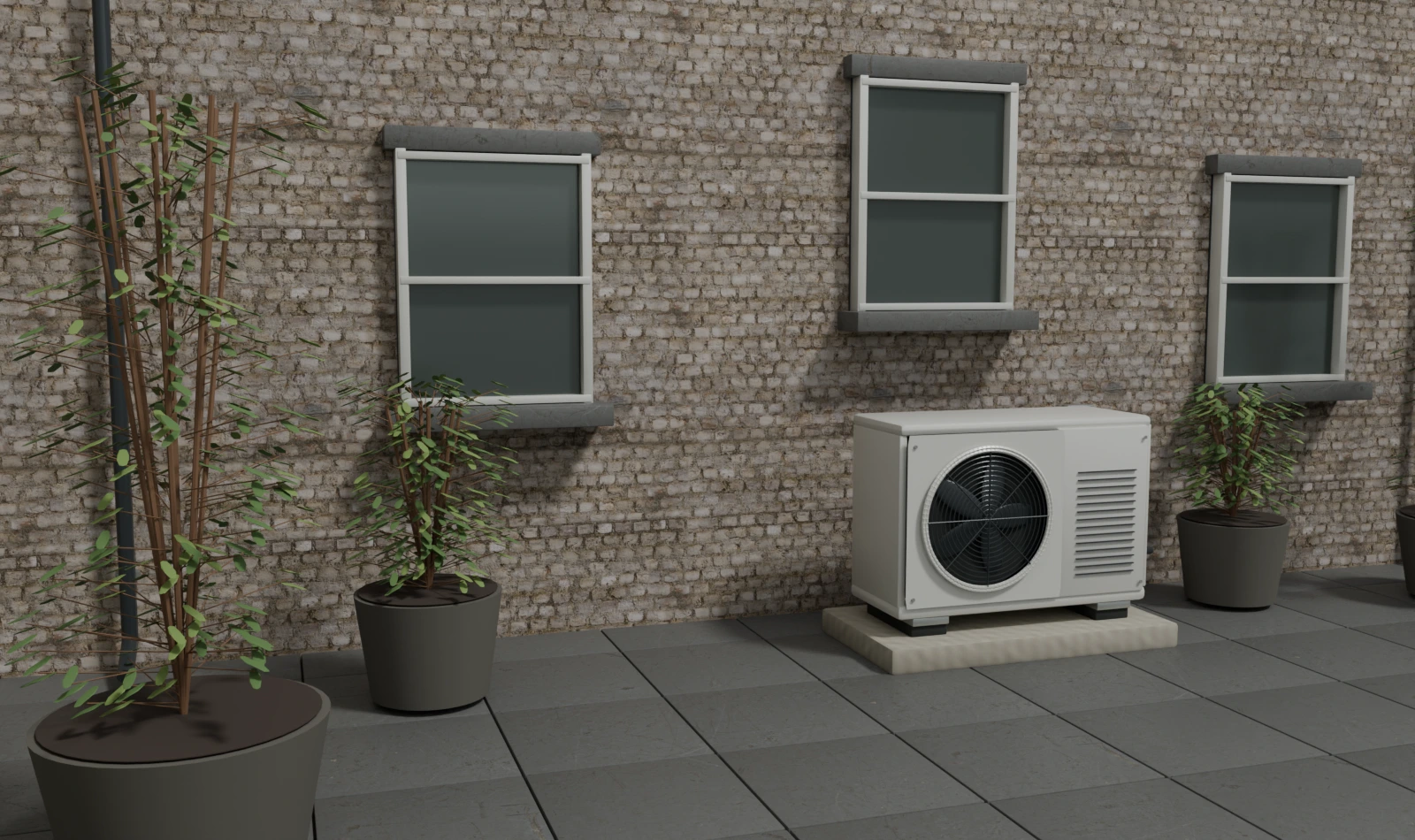 A rowhouse courtyard at eye level, with the outdoor heat-pump unit on its pad beside the brick wall
